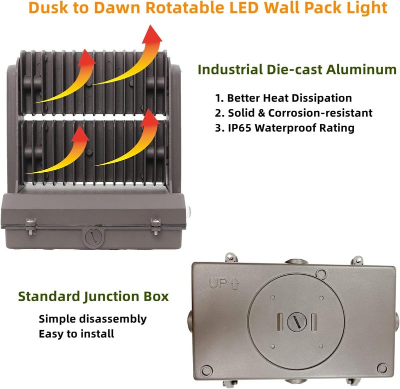 ECCFUTLL Dusk to Dawn100W Rotatable LED Wall Pack Light, 5000K 14000LM 400-600W HPS/HID Equiv, ETL Adjustable Head Outdoor LED Wallpack Lighting Fixture for Area Light, Parking Garages,Warehouse,Entrance - Image 5